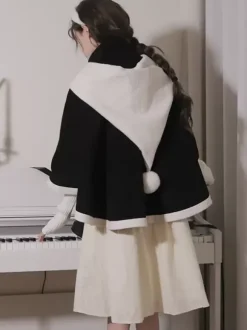 Sweet Lolita Coats Ecru White Bows Polyester Overcoat Coat Two-Tone Winter Lolita Outwears