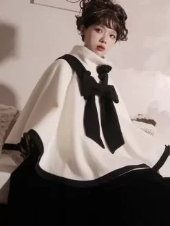 Sweet Lolita Coats Ecru White Bows Polyester Overcoat Coat Two-Tone Winter Lolita Outwears