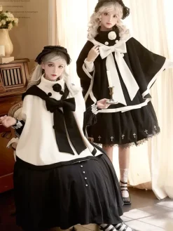 Sweet Lolita Coats Ecru White Bows Polyester Overcoat Coat Two-Tone Winter Lolita Outwears