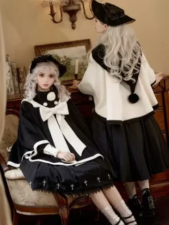 Sweet Lolita Coats Ecru White Bows Polyester Overcoat Coat Two-Tone Winter Lolita Outwears