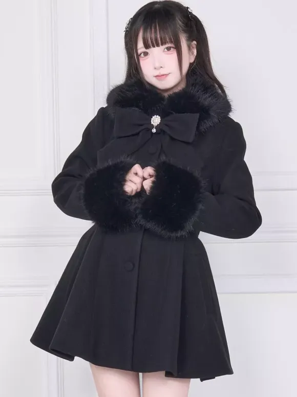 Sweet Lolita Coats Pink Black Bows Overcoat Long Sleeve Fall Lolita Coat