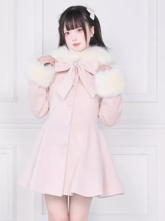 Sweet Lolita Coats Pink Black Bows Overcoat Long Sleeve Fall Lolita Coat