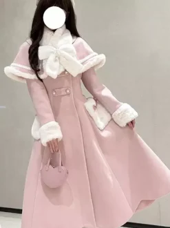 Sweet Lolita Coats Pink White Bows Cloak Overcoat Winter Lolita Coat