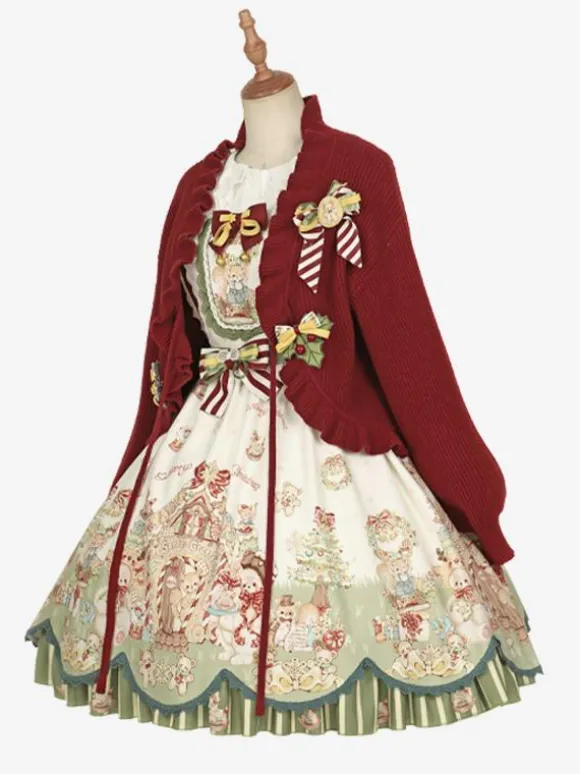 Sweet Lolita Coats Red Christmas Coat Ruffles Knit Overcoat Cotton Blend Winter Lolita Outwears