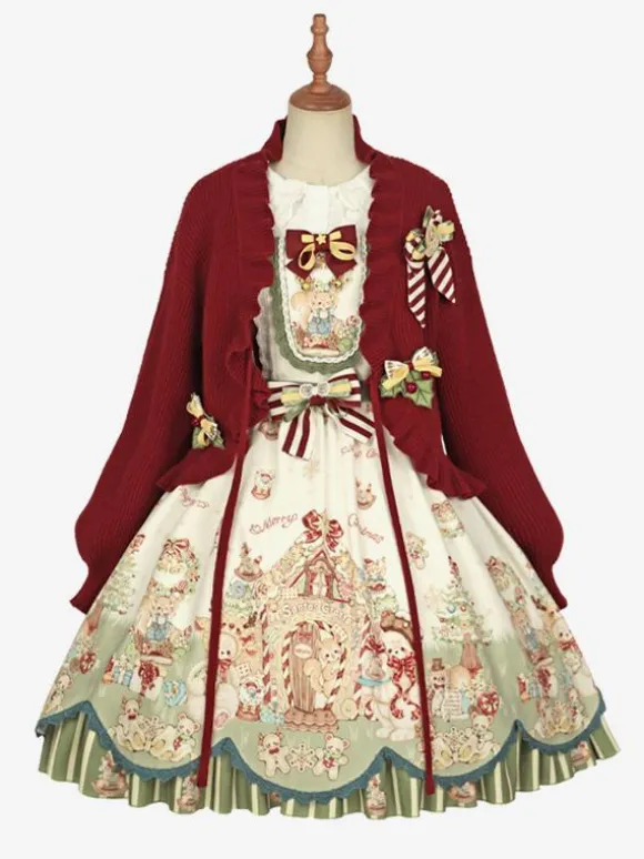 Sweet Lolita Coats Red Christmas Coat Ruffles Knit Overcoat Cotton Blend Winter Lolita Outwears