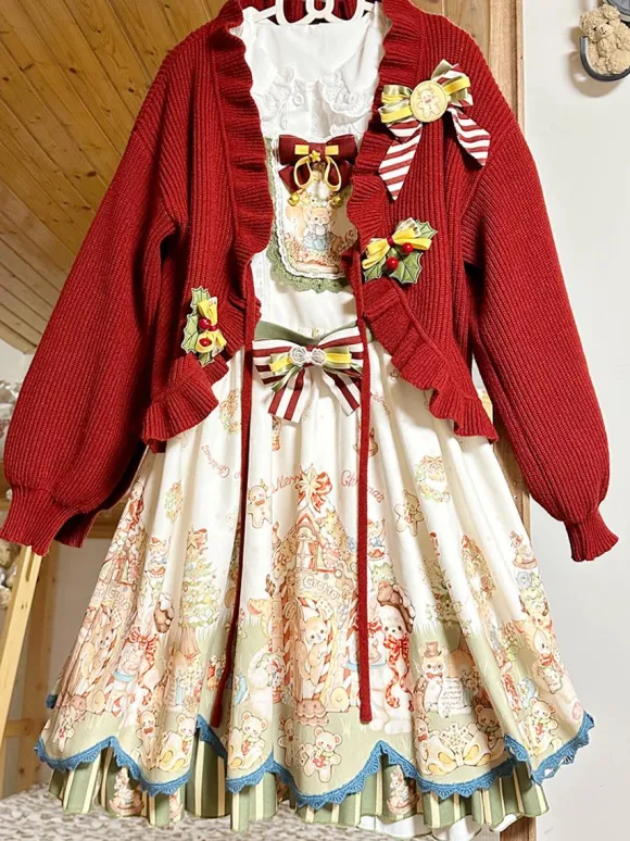 Sweet Lolita Coats Red Christmas Coat Ruffles Knit Overcoat Cotton Blend Winter Lolita Outwears
