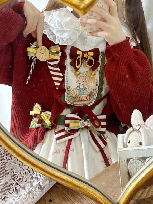 Sweet Lolita Coats Red Christmas Coat Ruffles Knit Overcoat Cotton Blend Winter Lolita Outwears