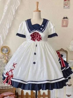 sweet Lolita Costumes Lolita Specials Lolita Dresses Sweet Lolita Dress Polyester Short Sleeves Ruffles Navy style Dress White Lolita Dress