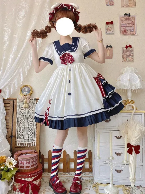 sweet Lolita Costumes Lolita Specials Lolita Dresses Sweet Lolita Dress Polyester Short Sleeves Ruffles Navy style Dress White Lolita Dress