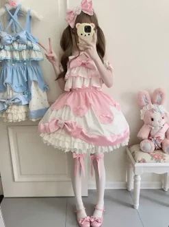 sweet Lolita Costumes Lolita Specials Lolita Dresses Sweet Lolita Dress Polyester Sleeveless Bows Sweet Jumper Pink Lolita Dress Polka Dot Tea Party