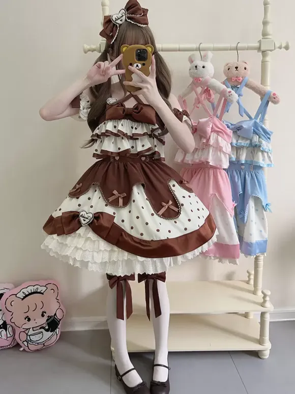 sweet Lolita Costumes Lolita Specials Lolita Dresses Sweet Lolita Dress Polyester Sleeveless Bows Sweet Jumper Pink Lolita Dress Polka Dot Tea Party