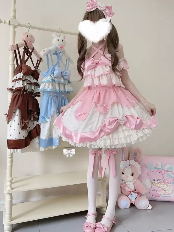 sweet Lolita Costumes Lolita Specials Lolita Dresses Sweet Lolita Dress Polyester Sleeveless Bows Sweet Jumper Pink Lolita Dress Polka Dot Tea Party