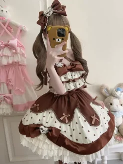 sweet Lolita Costumes Lolita Specials Lolita Dresses Sweet Lolita Dress Polyester Sleeveless Bows Sweet Jumper Pink Lolita Dress Polka Dot Tea Party
