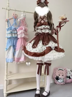 sweet Lolita Costumes Lolita Specials Lolita Dresses Sweet Lolita Dress Polyester Sleeveless Bows Sweet Jumper Pink Lolita Dress Polka Dot Tea Party