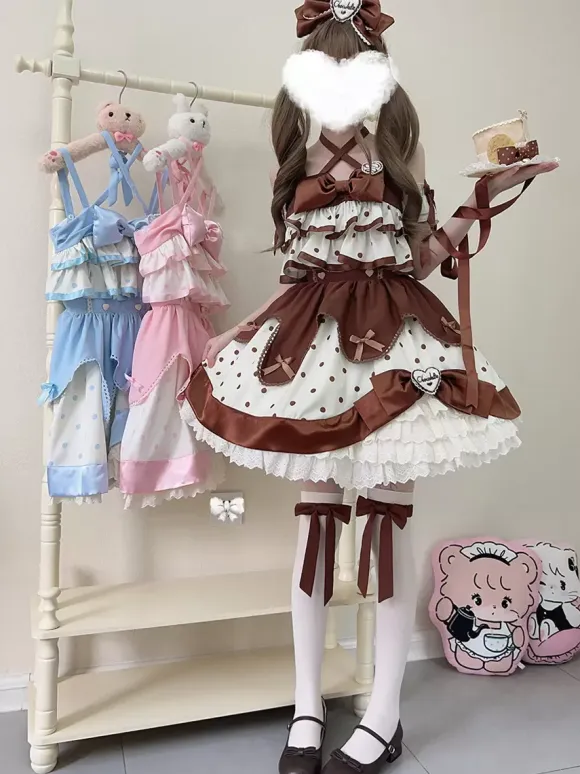 sweet Lolita Costumes Lolita Specials Lolita Dresses Sweet Lolita Dress Polyester Sleeveless Bows Sweet Jumper Pink Lolita Dress Polka Dot Tea Party