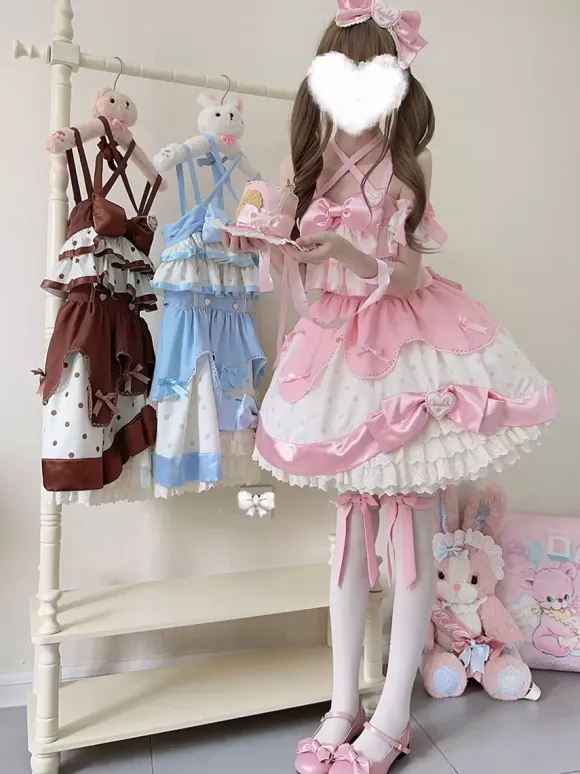 sweet Lolita Costumes Lolita Specials Lolita Dresses Sweet Lolita Dress Polyester Sleeveless Bows Sweet Jumper Pink Lolita Dress Polka Dot Tea Party