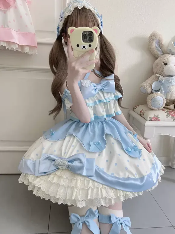 sweet Lolita Costumes Lolita Specials Lolita Dresses Sweet Lolita Dress Polyester Sleeveless Bows Sweet Jumper Pink Lolita Dress Polka Dot Tea Party