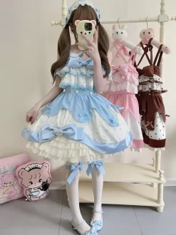 sweet Lolita Costumes Lolita Specials Lolita Dresses Sweet Lolita Dress Polyester Sleeveless Bows Sweet Jumper Pink Lolita Dress Polka Dot Tea Party