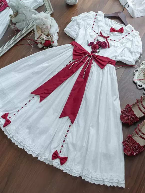 sweet Lolita Costumes Lolita Specials Lolita Dresses Sweet Lolita Dress Polyester Short Sleeves Bows Sweet Dress White Lolita Dress Color Block