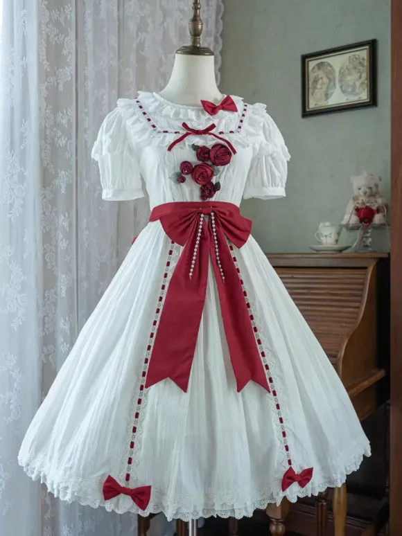 sweet Lolita Costumes Lolita Specials Lolita Dresses Sweet Lolita Dress Polyester Short Sleeves Bows Sweet Dress White Lolita Dress Color Block