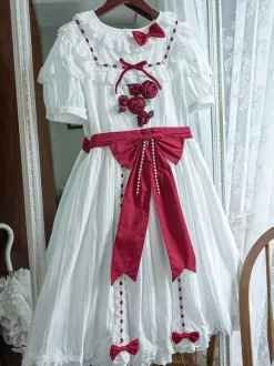 sweet Lolita Costumes Lolita Specials Lolita Dresses Sweet Lolita Dress Polyester Short Sleeves Bows Sweet Dress White Lolita Dress Color Block