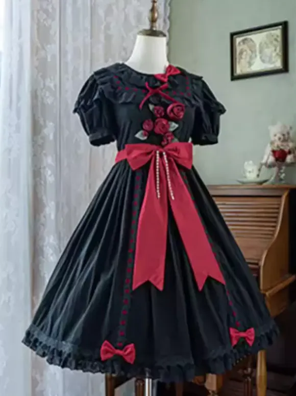 sweet Lolita Costumes Lolita Specials Lolita Dresses Sweet Lolita Dress Polyester Short Sleeves Bows Sweet Dress White Lolita Dress Color Block