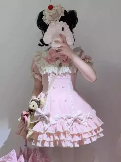Sweet Lolita Dress Cake Short Sleeves Ruffles Bows Dress Sweet Pink Lolita Dress With Hat
