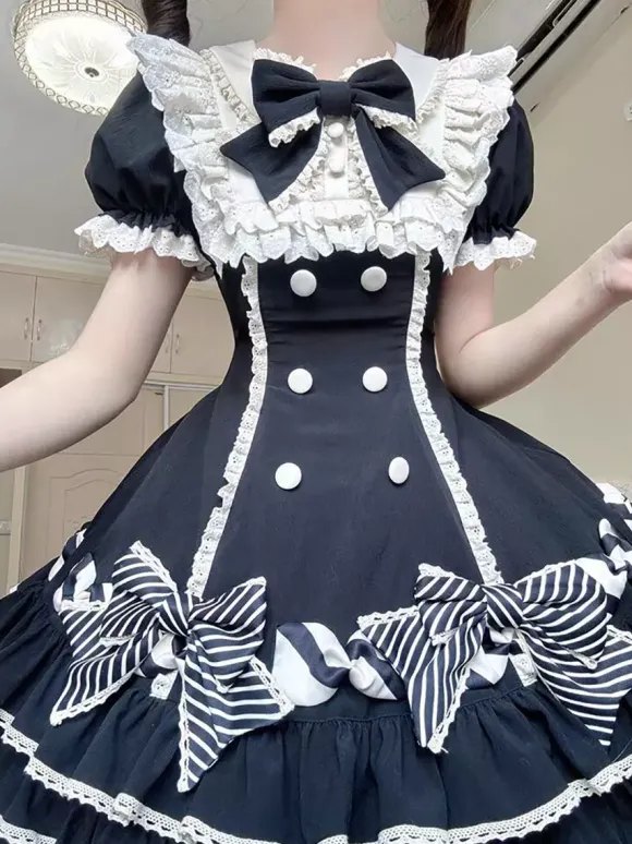 Sweet Lolita Dress Cake Short Sleeves Ruffles Bows Dress Sweet Pink Lolita Dress With Hat