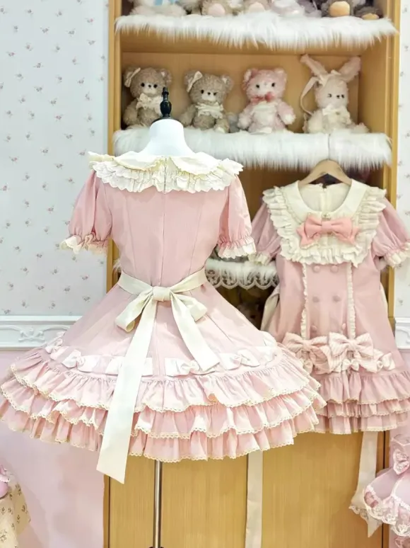 Sweet Lolita Dress Cake Short Sleeves Ruffles Bows Dress Sweet Pink Lolita Dress With Hat