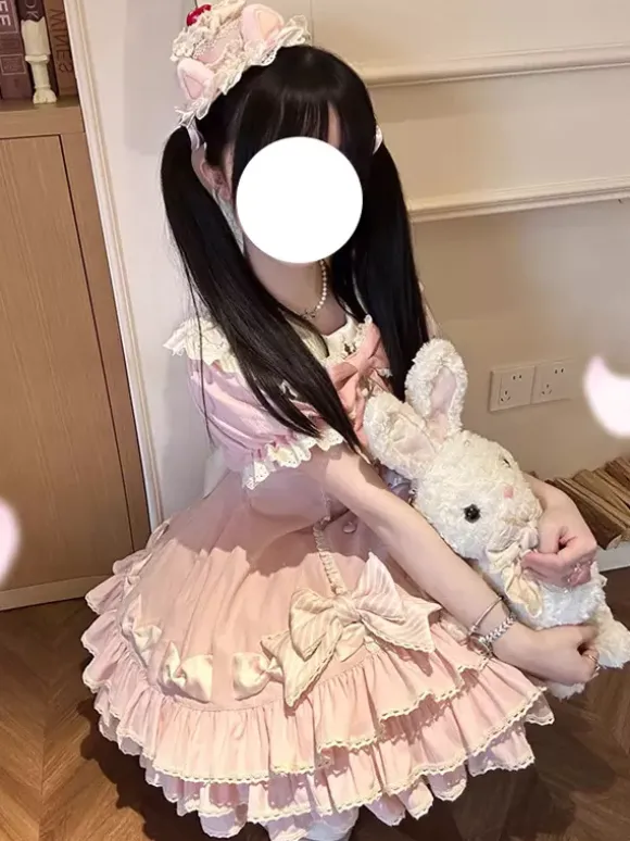 Sweet Lolita Dress Cake Short Sleeves Ruffles Bows Dress Sweet Pink Lolita Dress With Hat