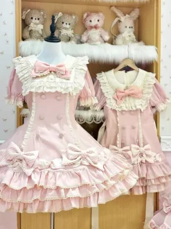 Sweet Lolita Dress Cake Short Sleeves Ruffles Bows Dress Sweet Pink Lolita Dress With Hat