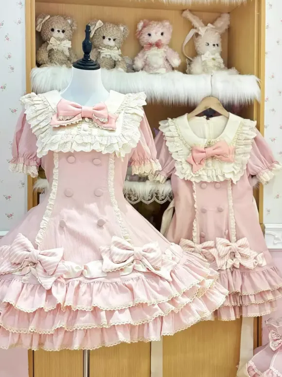 Sweet Lolita Dress Cake Short Sleeves Ruffles Bows Dress Sweet Pink Lolita Dress With Hat