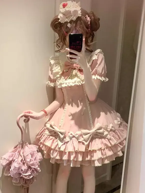 Sweet Lolita Dress Cake Short Sleeves Ruffles Bows Dress Sweet Pink Lolita Dress With Hat