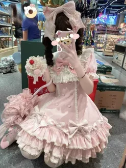 Sweet Lolita Dress Cake Short Sleeves Ruffles Bows Dress Sweet Pink Lolita Dress With Hat