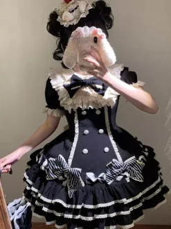 Sweet Lolita Dress Cake Short Sleeves Ruffles Bows Dress Sweet Pink Lolita Dress With Hat