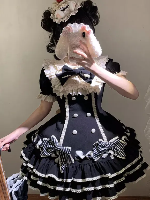 Sweet Lolita Dress Cake Short Sleeves Ruffles Bows Dress Sweet Pink Lolita Dress With Hat