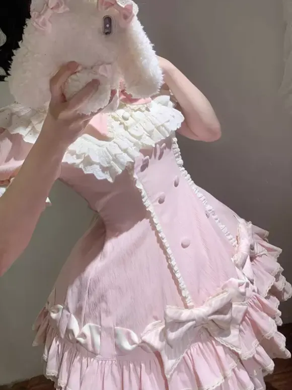 Sweet Lolita Dress Cake Short Sleeves Ruffles Bows Dress Sweet Pink Lolita Dress With Hat