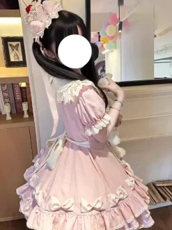 Sweet Lolita Dress Cake Short Sleeves Ruffles Bows Dress Sweet Pink Lolita Dress With Hat