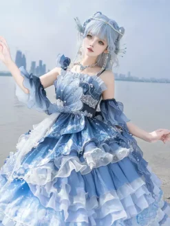 Sweet Lolita Dress Deep Blue Sleeveless Tea Party Style Floral Print Organza Skirt with Lace Details Kawaii Fashion