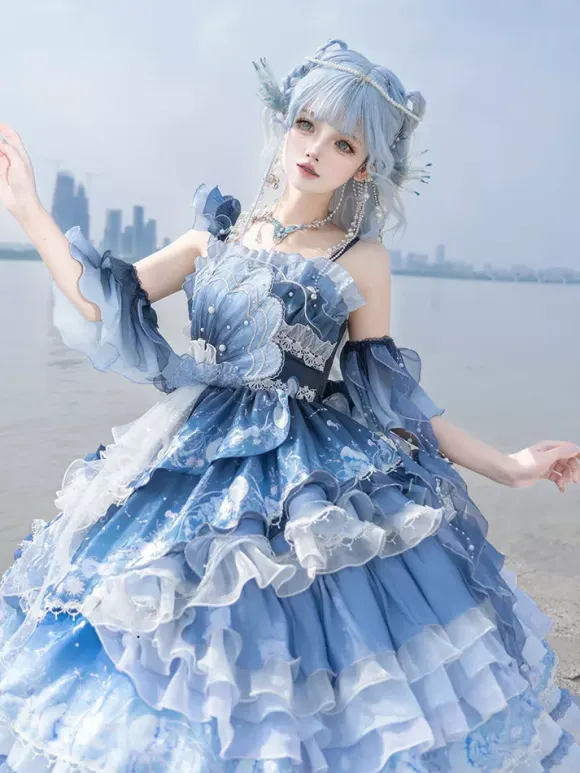 Sweet Lolita Dress Deep Blue Sleeveless Tea Party Style Floral Print Organza Skirt with Lace Details Kawaii Fashion