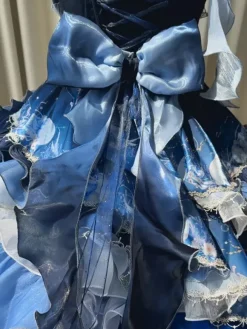 Sweet Lolita Dress Deep Blue Sleeveless Tea Party Style Floral Print Organza Skirt with Lace Details Kawaii Fashion