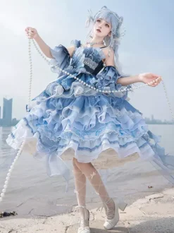 Sweet Lolita Dress Deep Blue Sleeveless Tea Party Style Floral Print Organza Skirt with Lace Details Kawaii Fashion