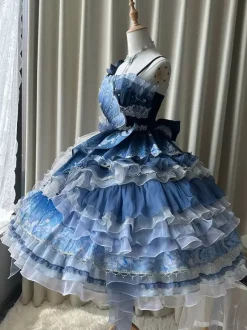 Sweet Lolita Dress Deep Blue Sleeveless Tea Party Style Floral Print Organza Skirt with Lace Details Kawaii Fashion