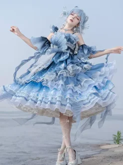 Sweet Lolita Dress Deep Blue Sleeveless Tea Party Style Floral Print Organza Skirt with Lace Details Kawaii Fashion