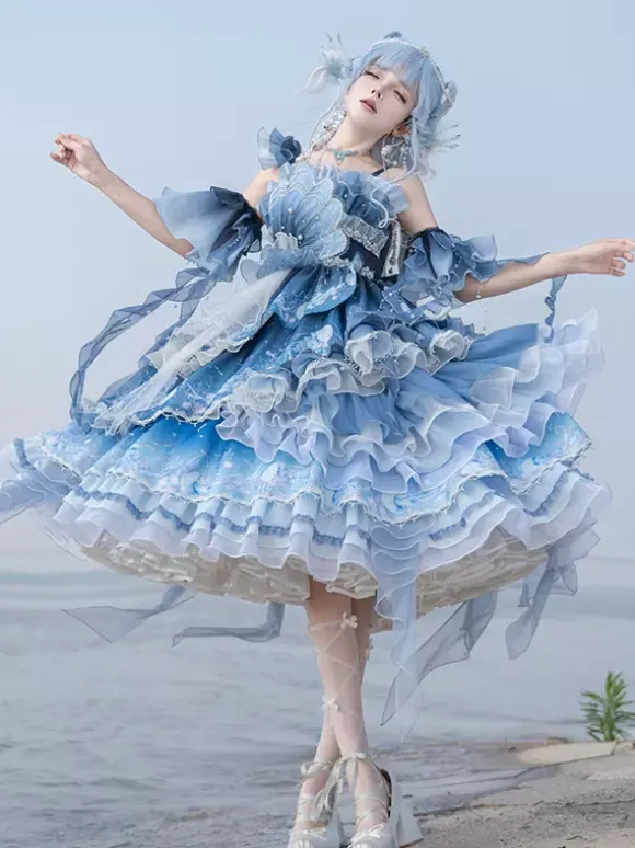 Sweet Lolita Dress Deep Blue Sleeveless Tea Party Style Floral Print Organza Skirt with Lace Details Kawaii Fashion