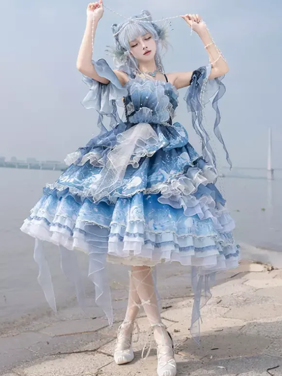 Sweet Lolita Dress Deep Blue Sleeveless Tea Party Style Floral Print Organza Skirt with Lace Details Kawaii Fashion
