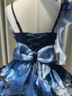Sweet Lolita Dress Deep Blue Sleeveless Tea Party Style Floral Print Organza Skirt with Lace Details Kawaii Fashion