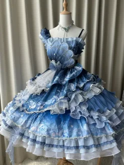 Sweet Lolita Dress Deep Blue Sleeveless Tea Party Style Floral Print Organza Skirt with Lace Details Kawaii Fashion