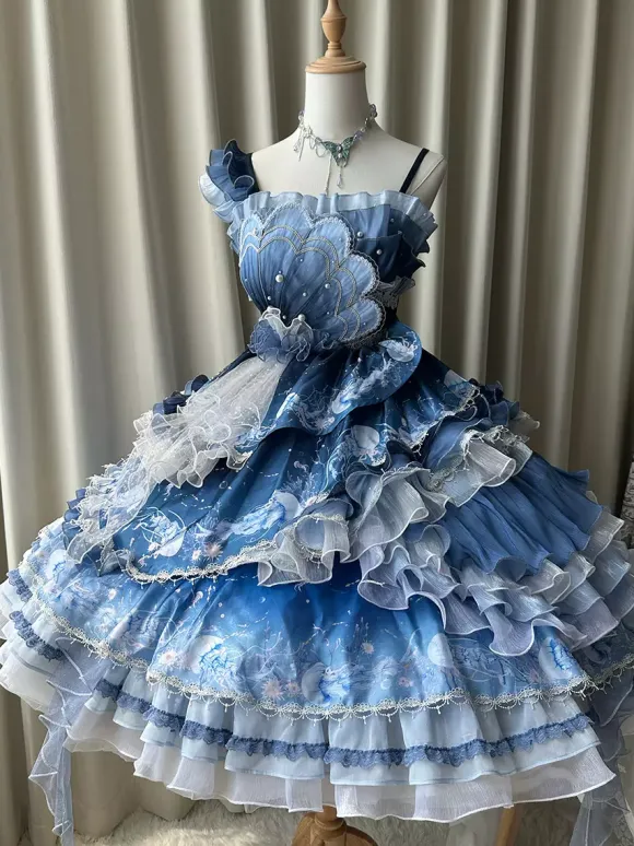 Sweet Lolita Dress Deep Blue Sleeveless Tea Party Style Floral Print Organza Skirt with Lace Details Kawaii Fashion
