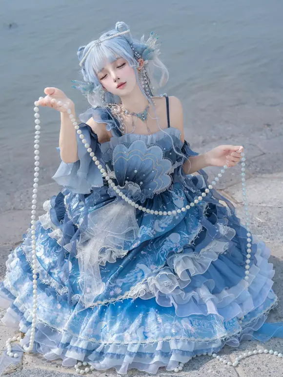 Sweet Lolita Dress Deep Blue Sleeveless Tea Party Style Floral Print Organza Skirt with Lace Details Kawaii Fashion